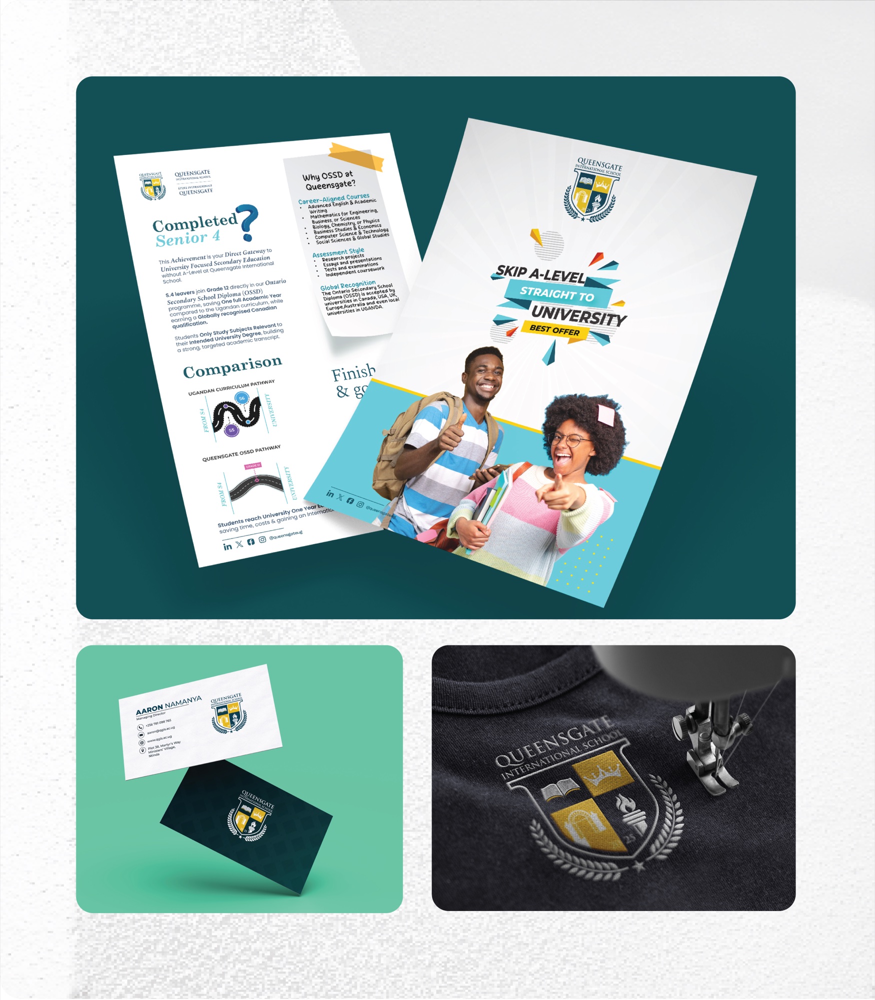 Queensgate admissions materials, stationery and embroidered uniform branding